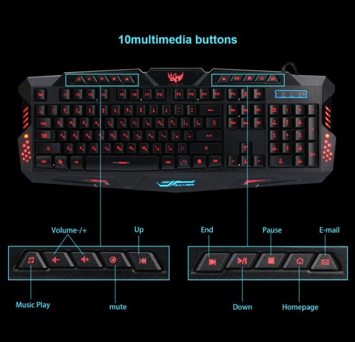J10 tricolor backlight wired gaming keyboard set colorful luminous gaming mouse keyboard