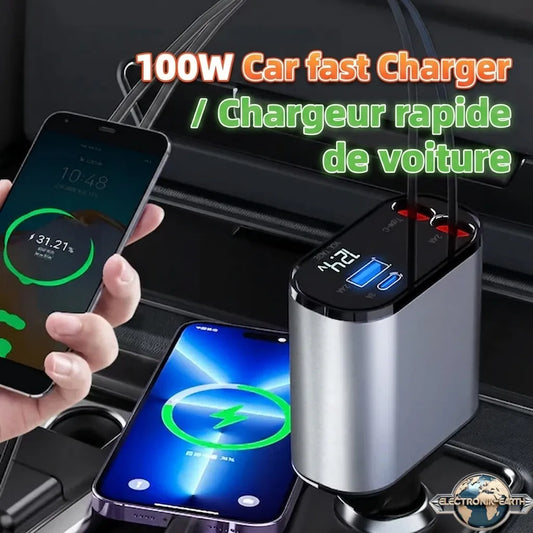 100W Car Charger – Dual USB & Type-C Ports – Ultra Fast Charging – Cigarette Lighter Adapter